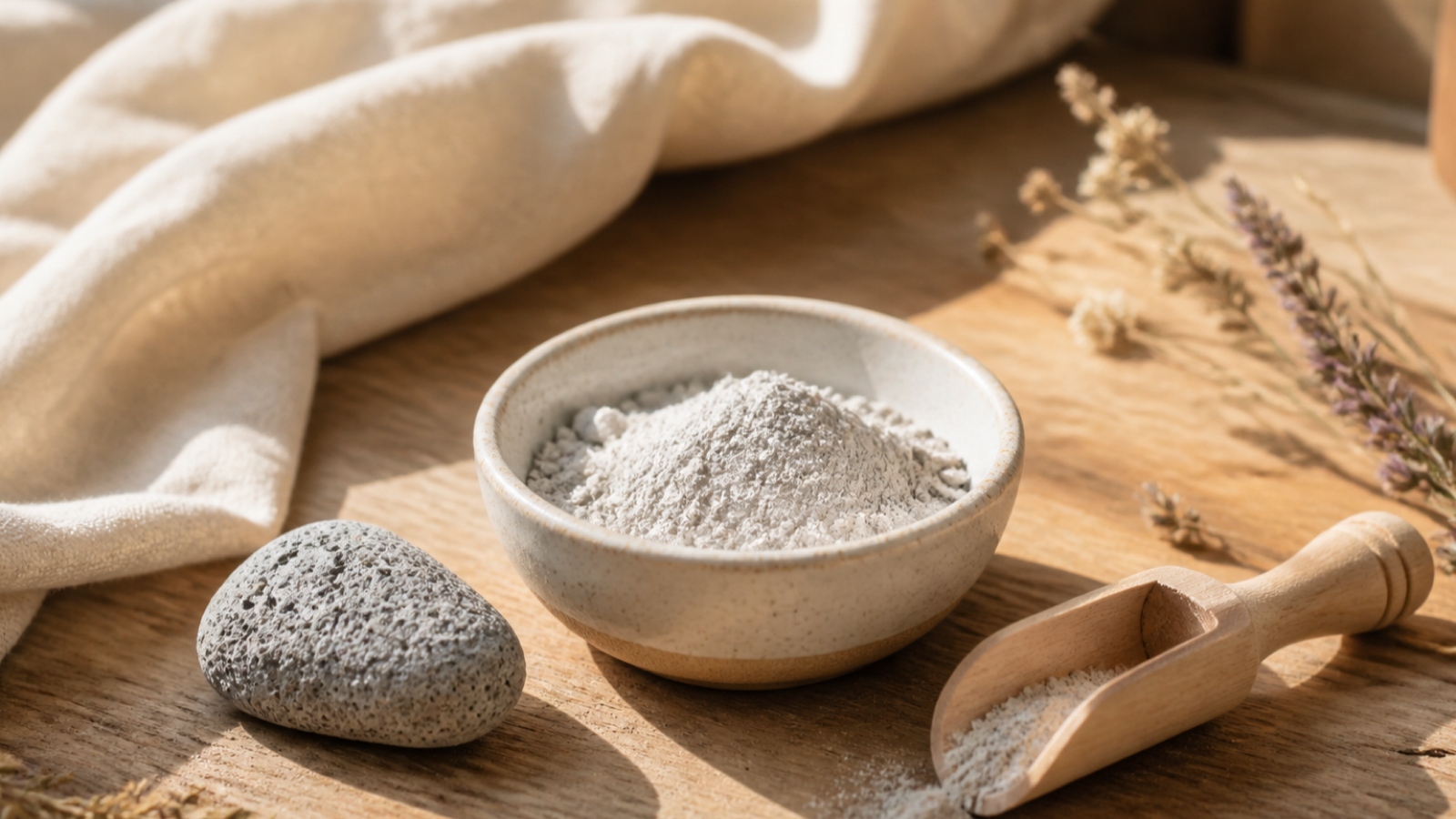 Natural pumice stone and fine pumice powder on a sunlit artisan worktable