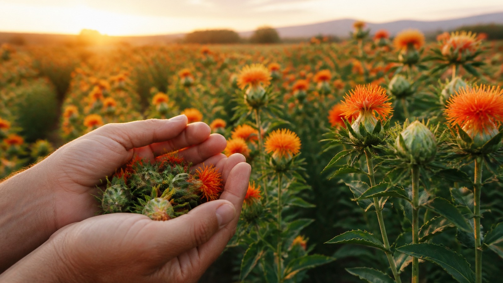 Hands holding safflower seed heads in a sunlit field of orange safflower blooms