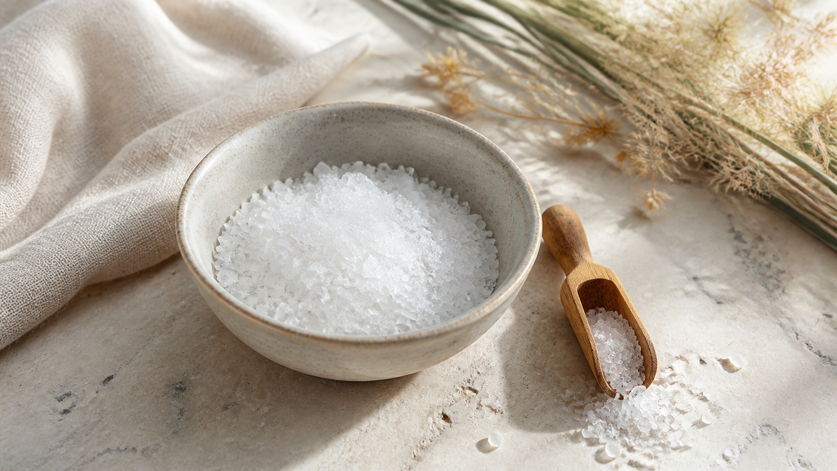 Coarse sea salt crystals in a ceramic bowl beside a wooden scoop and dried coastal grasses