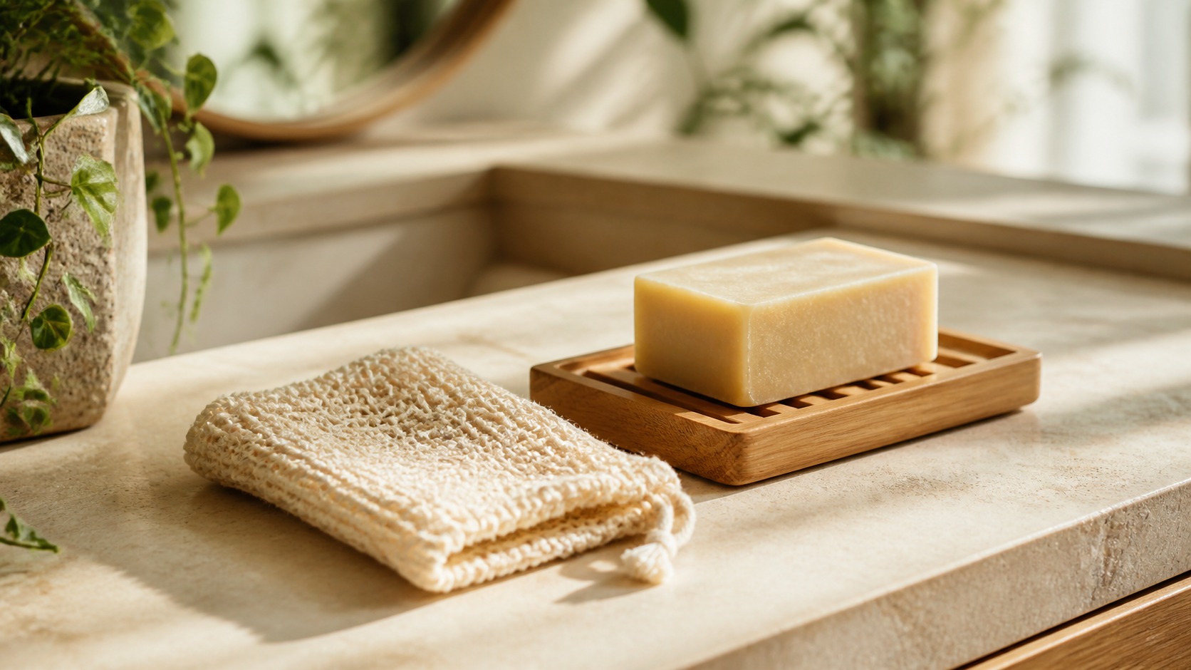 Natural sisal soap saver bag beside an unbranded soap bar on a wooden draining dish