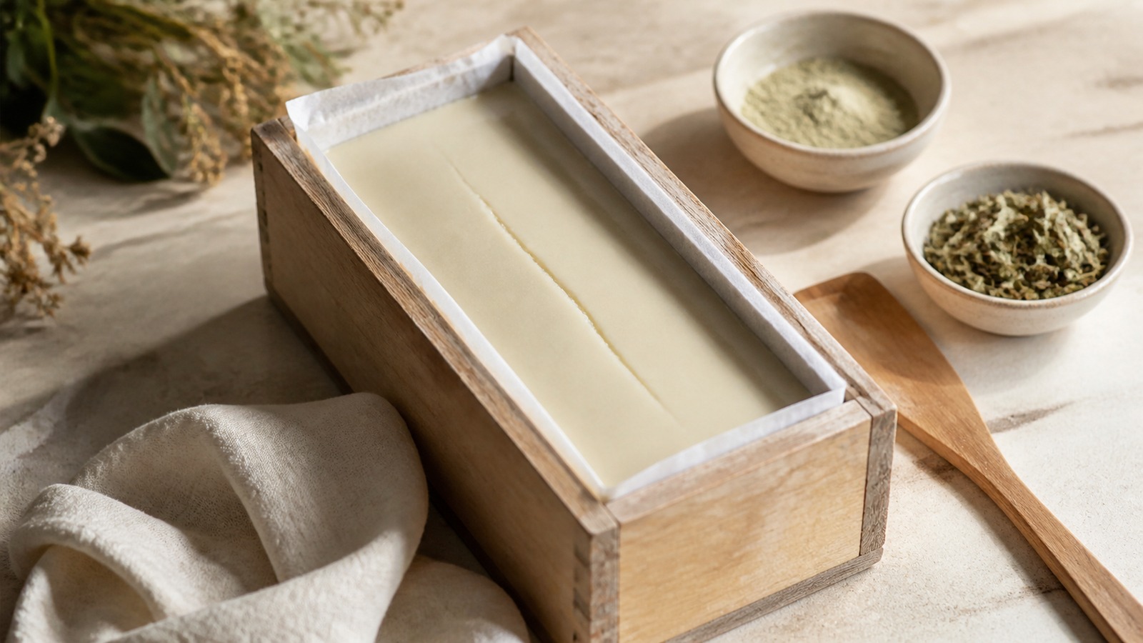 Unbranded wooden soap mold holding a fresh ivory soap loaf with a subtle surface crack beside botanical bowls and cream linen