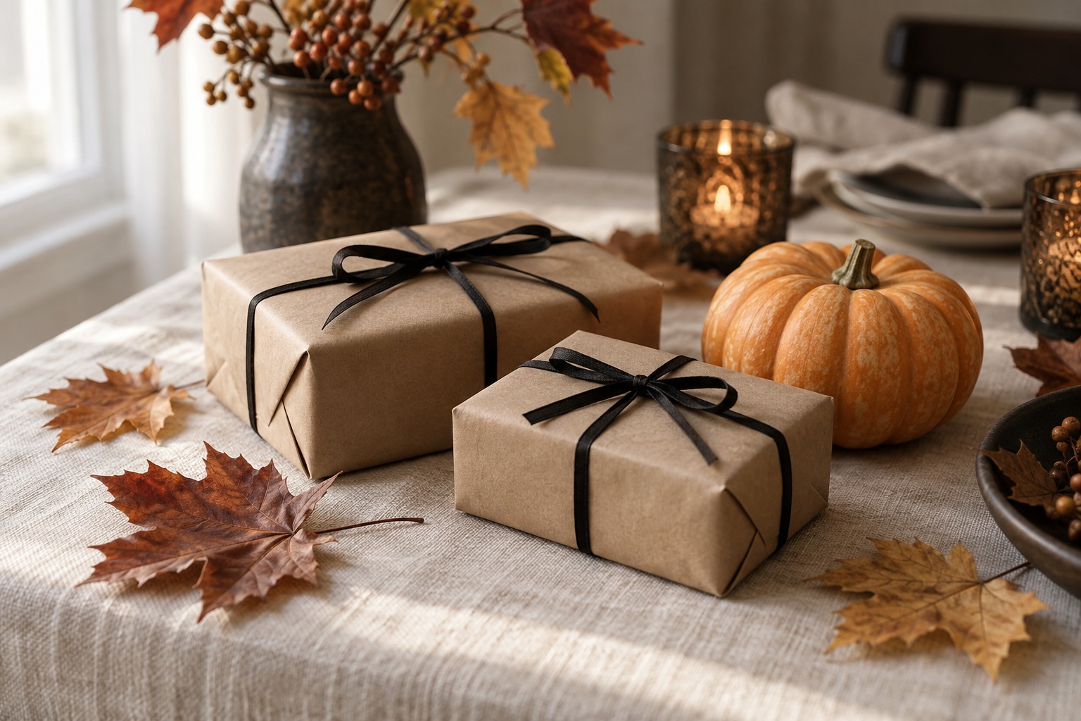 Kraft-paper gifts with black ribbons beside a pumpkin and autumn leaves on a linen table