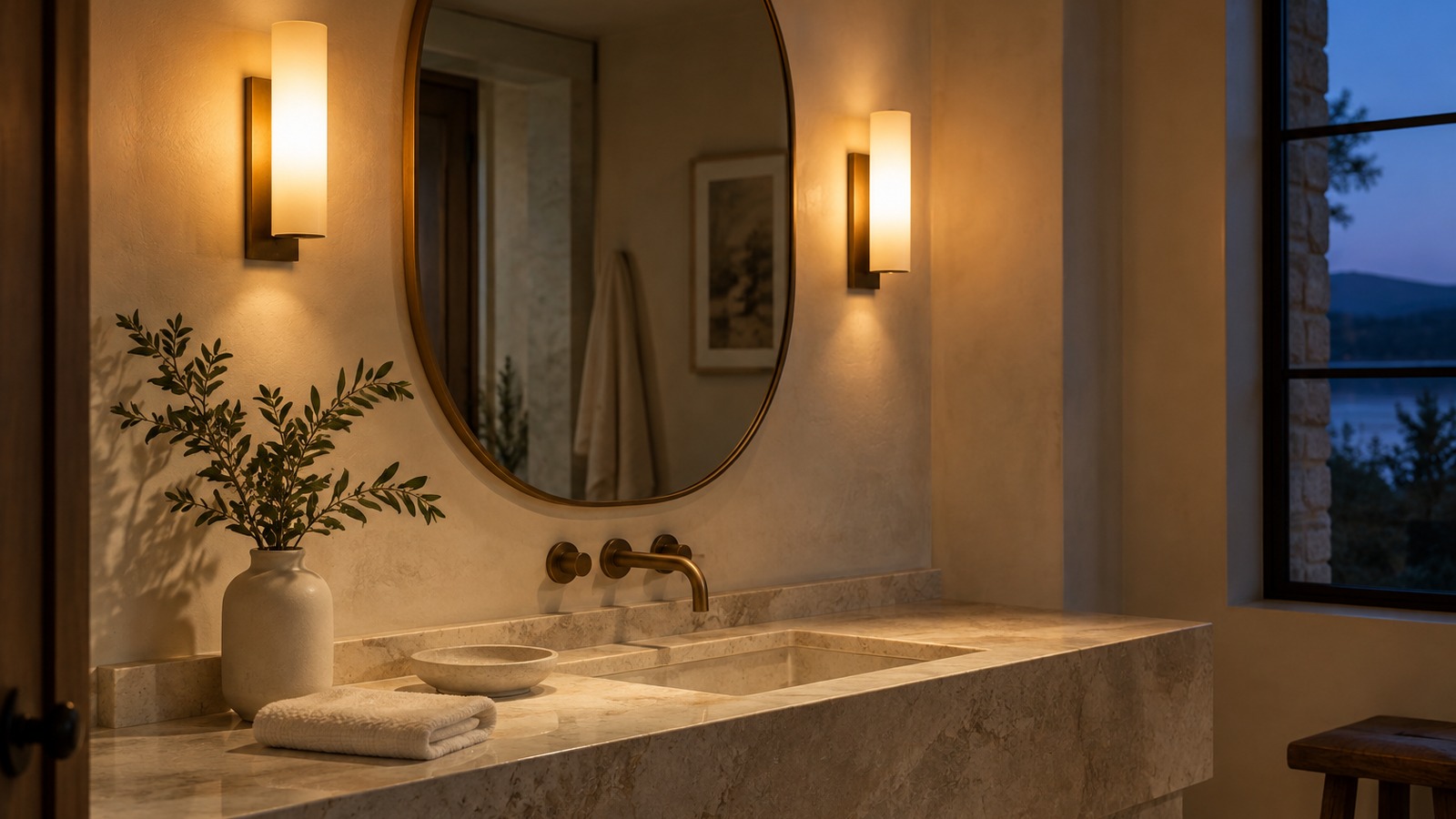 Warm wall sconces beside an oval bathroom mirror, cream stone vanity, towel, and leafy branch at twilight