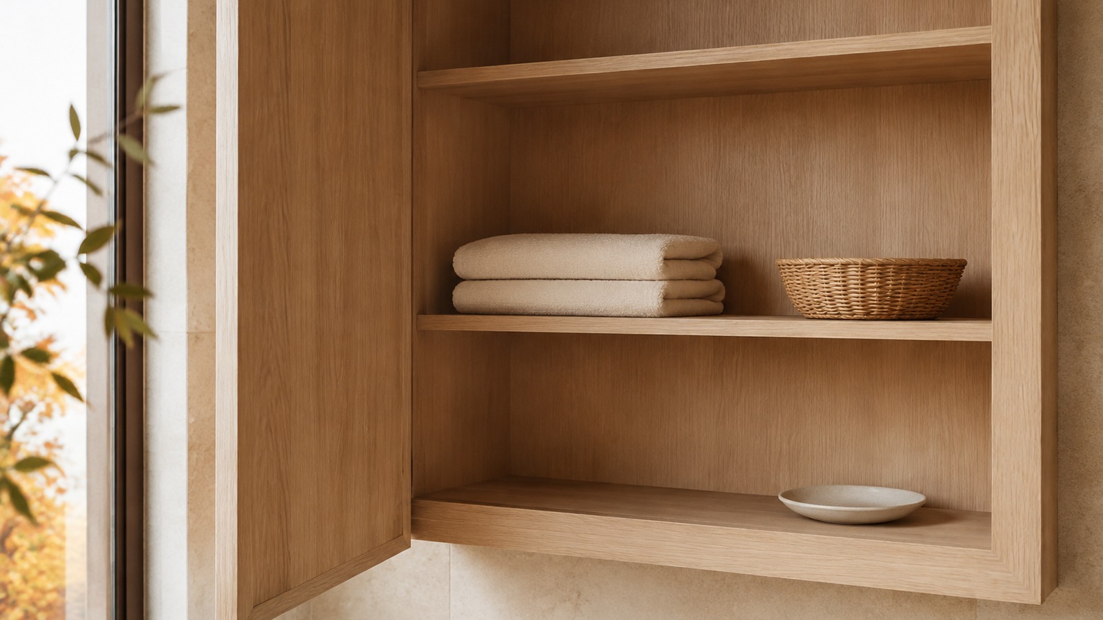 Open oak bathroom cabinet with folded ivory towels, an empty woven basket, and a ceramic dish