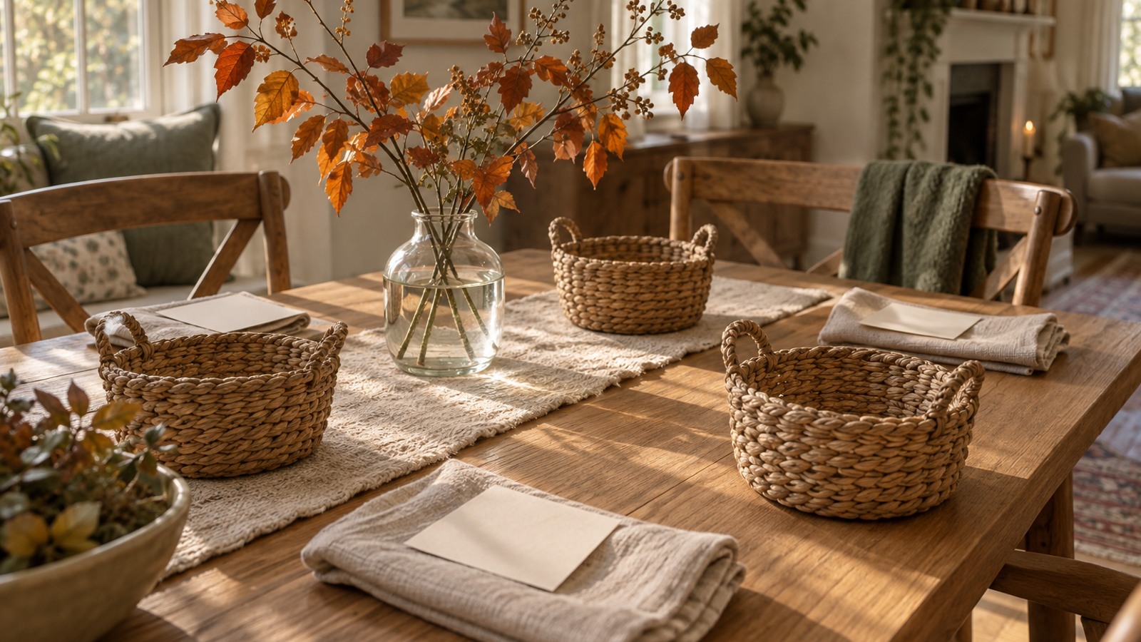 Empty woven baskets, linen napkins, and autumn branches on a sunlit gathering table