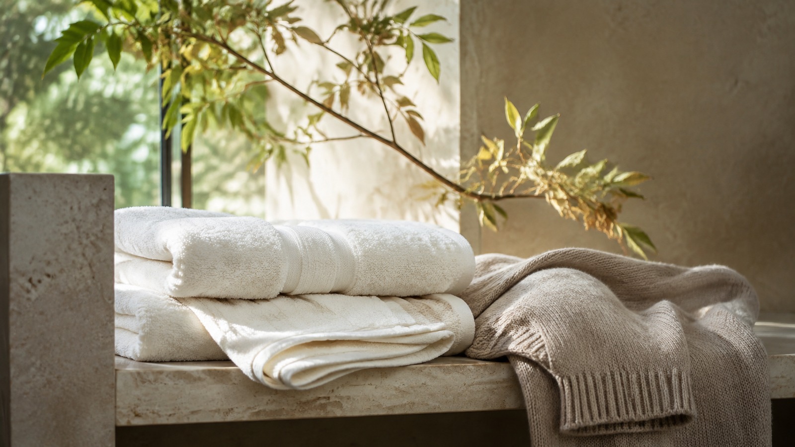 Folded ivory towels and an oatmeal sweater on a limestone bench beside a leafy branch