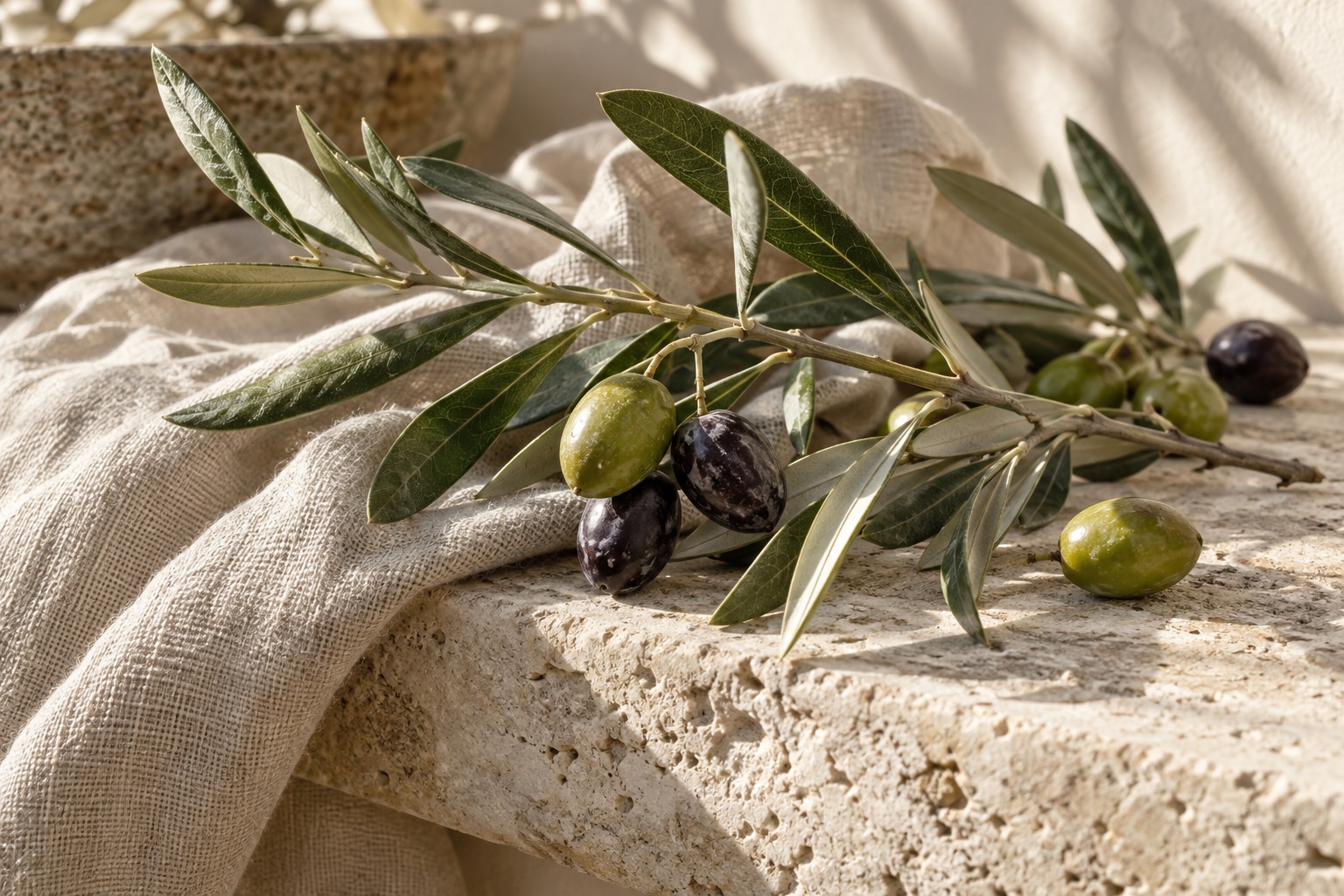 Olive branch with green and dark olives on pale limestone and natural linen