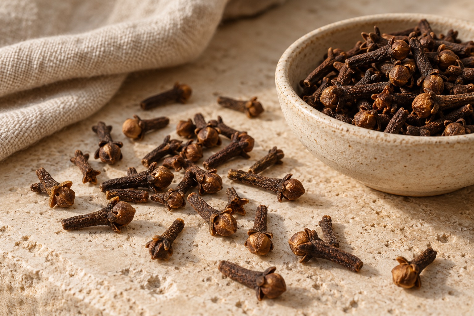 Whole dried cloves in a ceramic bowl and scattered on pale stone beside natural linen
