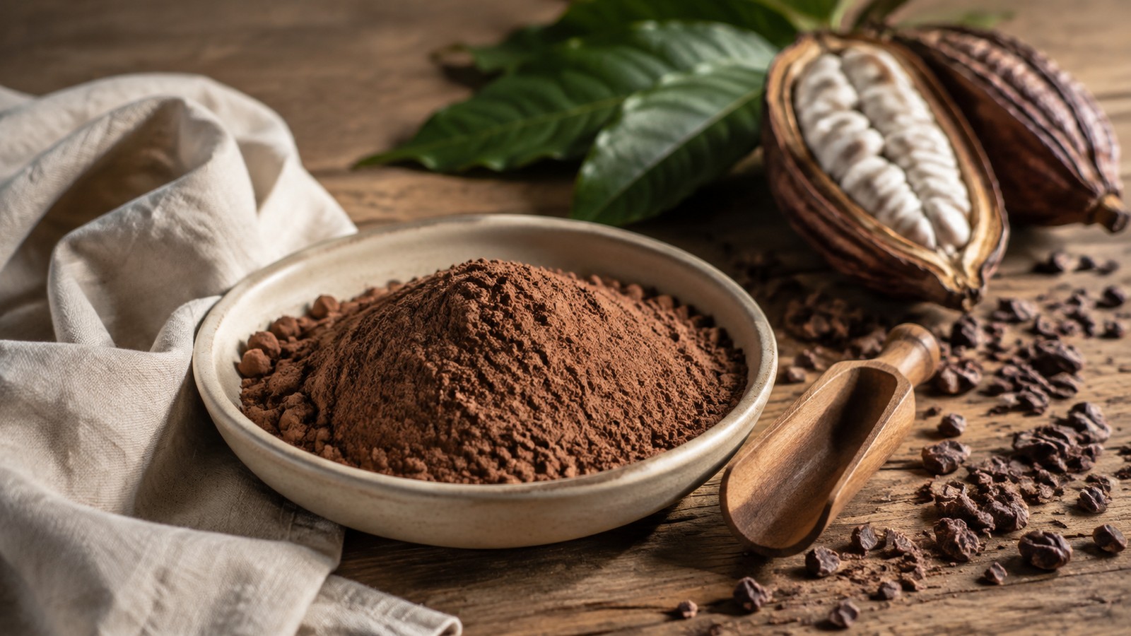 Cocoa powder, cacao nibs, and an open cacao pod arranged on linen in warm window light