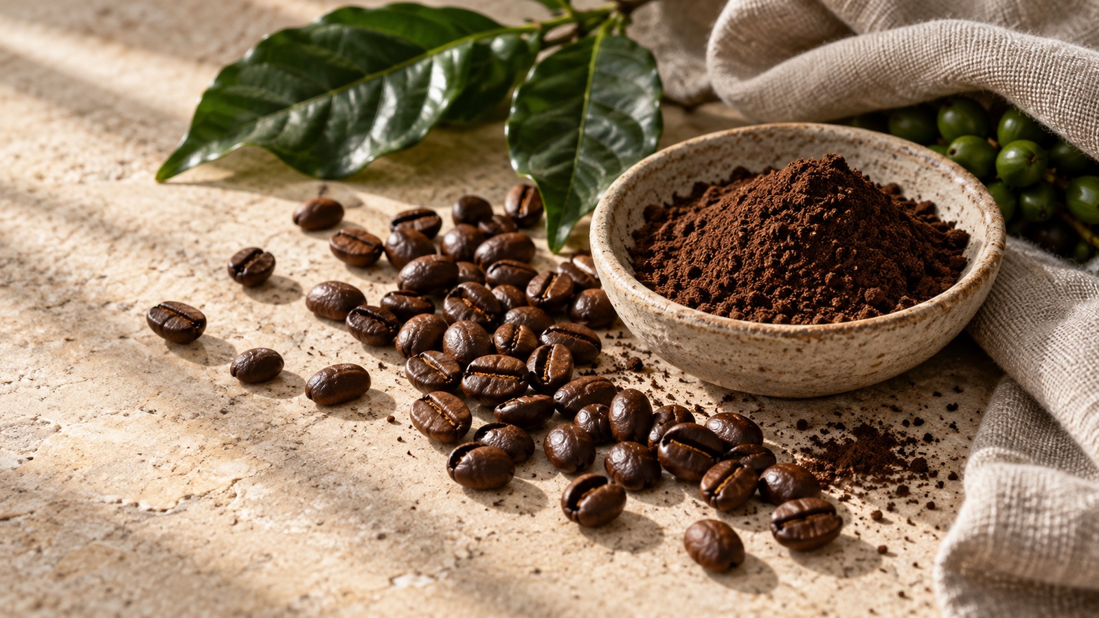 Roasted coffee beans and ground coffee in a ceramic bowl beside green leaves and linen on pale stone