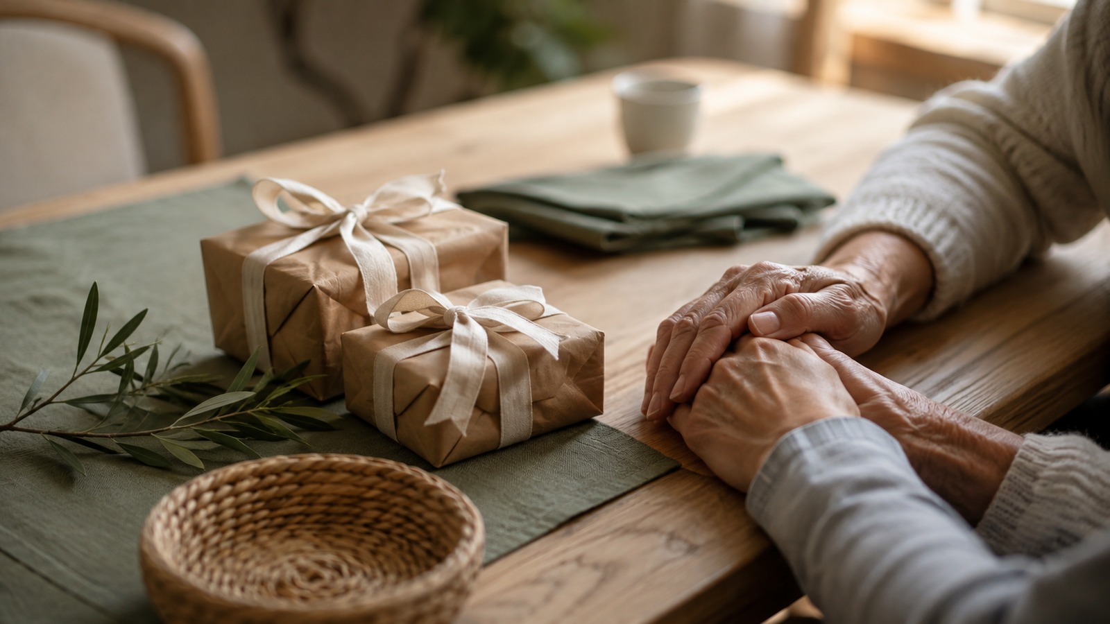 Ribbon-wrapped gifts and olive leaves beside family members holding hands at a sunlit table