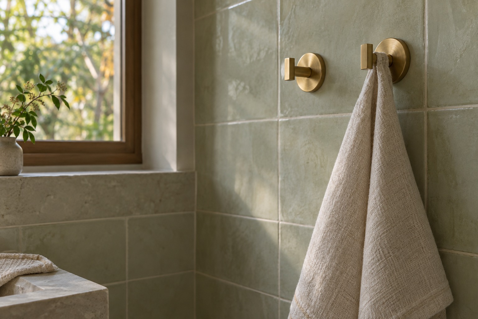 Ivory linen towel and an empty brass hook beside a sunlit bathroom window