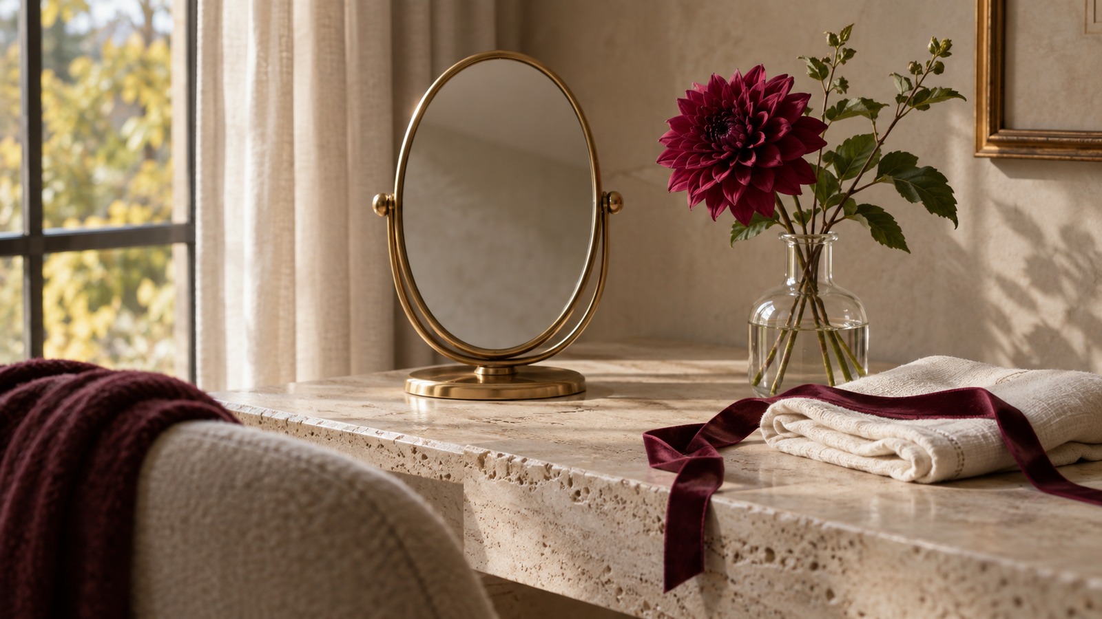 Brass vanity mirror, ivory linen, burgundy ribbon, and a dahlia on a sunlit dressing table
