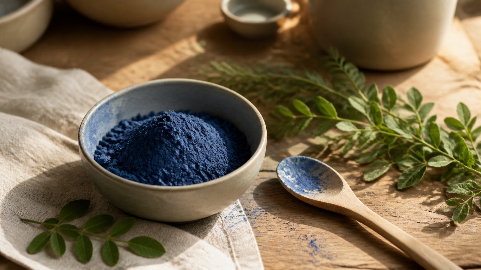 Deep blue natural indigo powder in a ceramic bowl with green leaves and a wooden spoon in warm window light