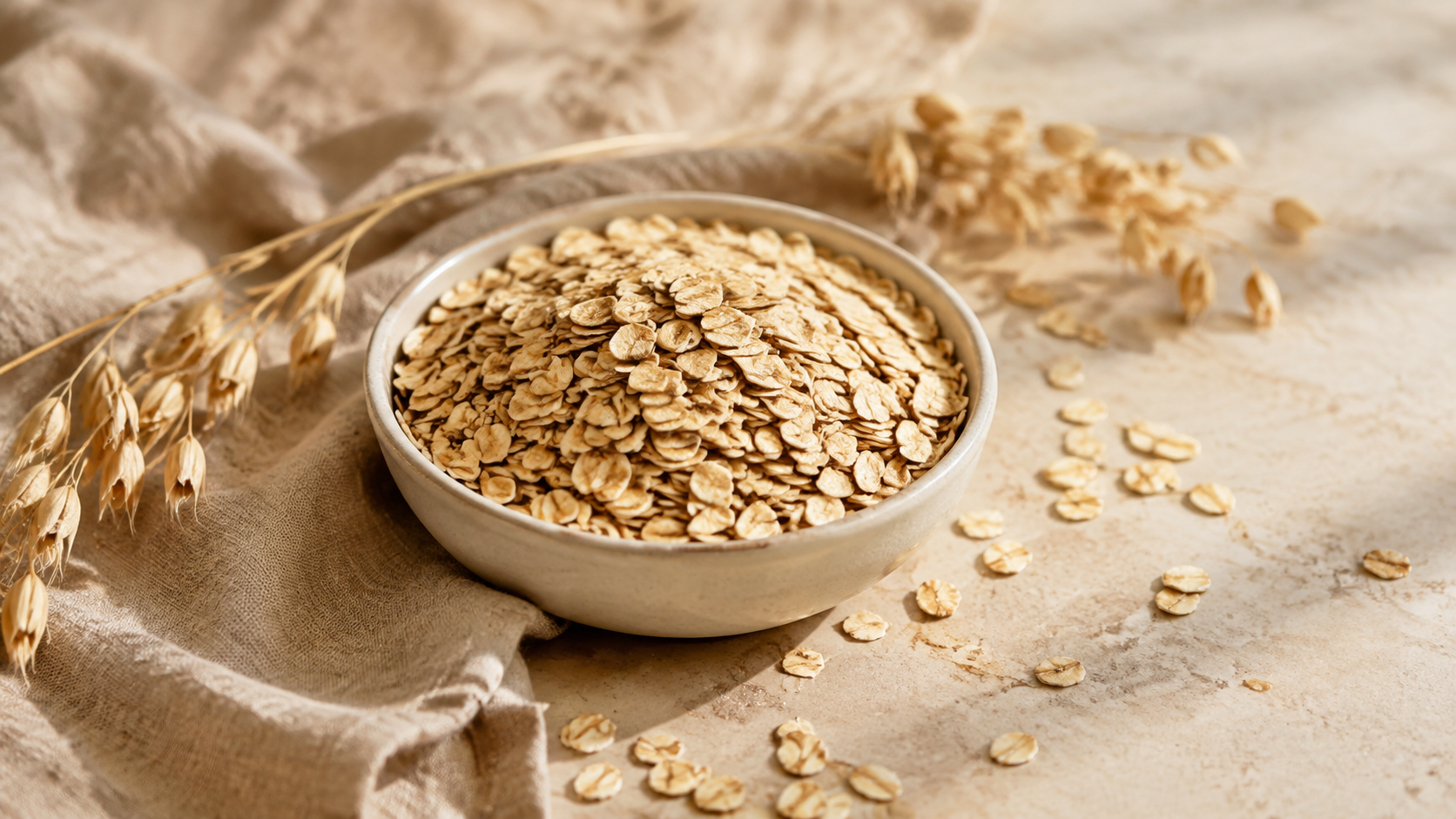 Rolled oats in a cream ceramic bowl with dried oat stalks on linen in warm window light