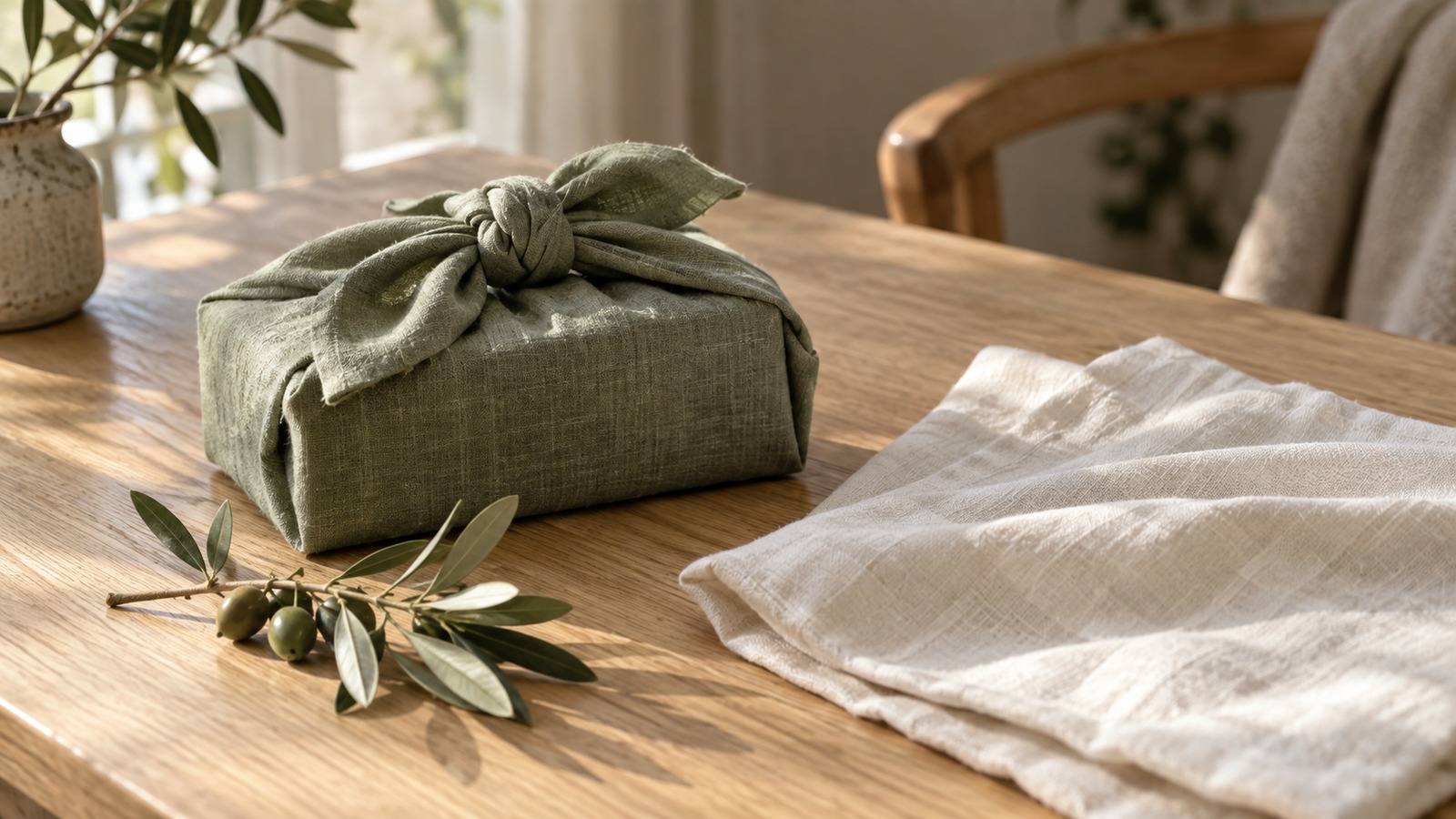 Sage linen-wrapped gift beside ivory fabric and an olive branch on a sunlit wooden table