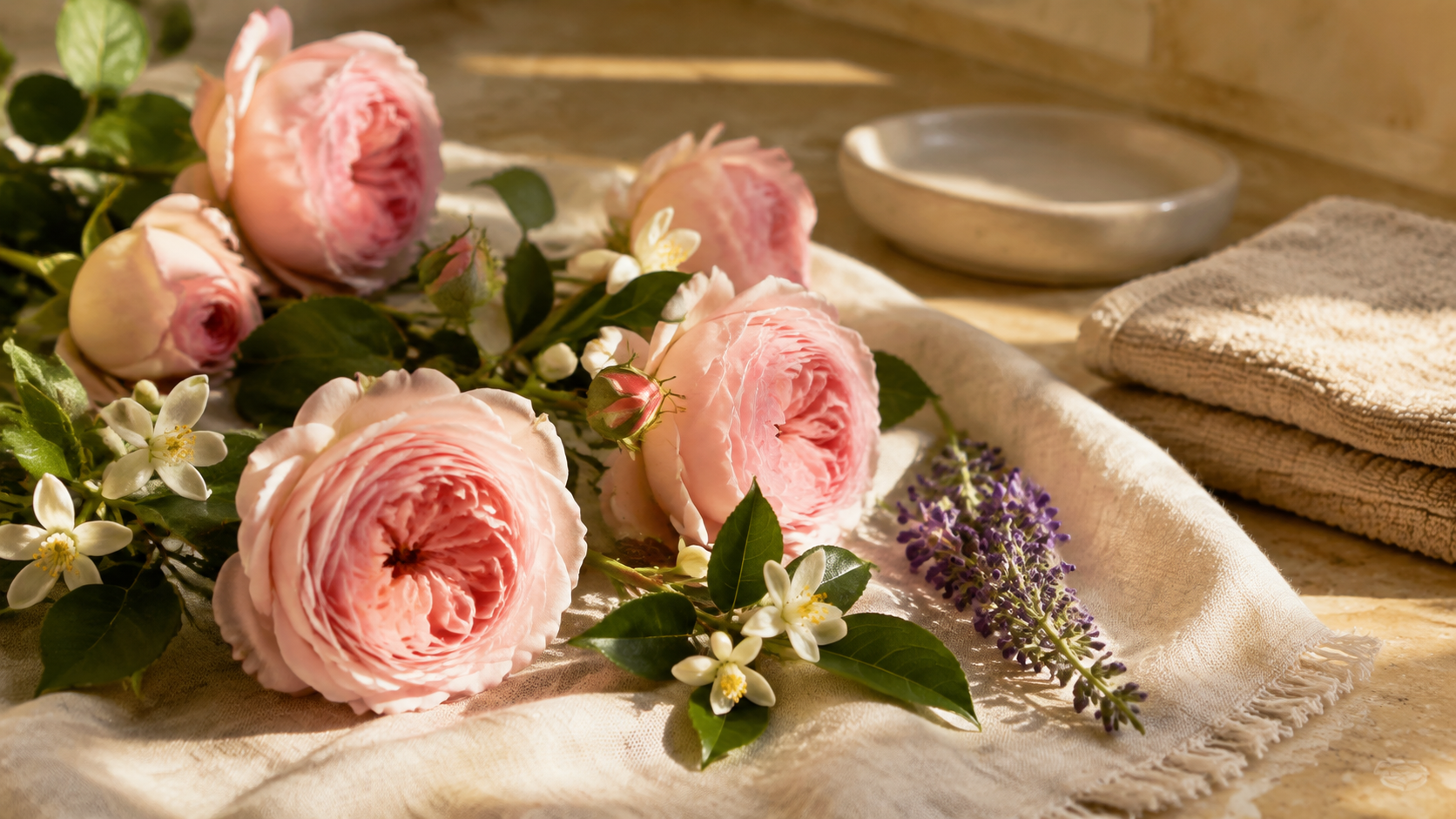 Pink roses and white orange blossoms arranged on cream linen beside an empty ceramic soap dish