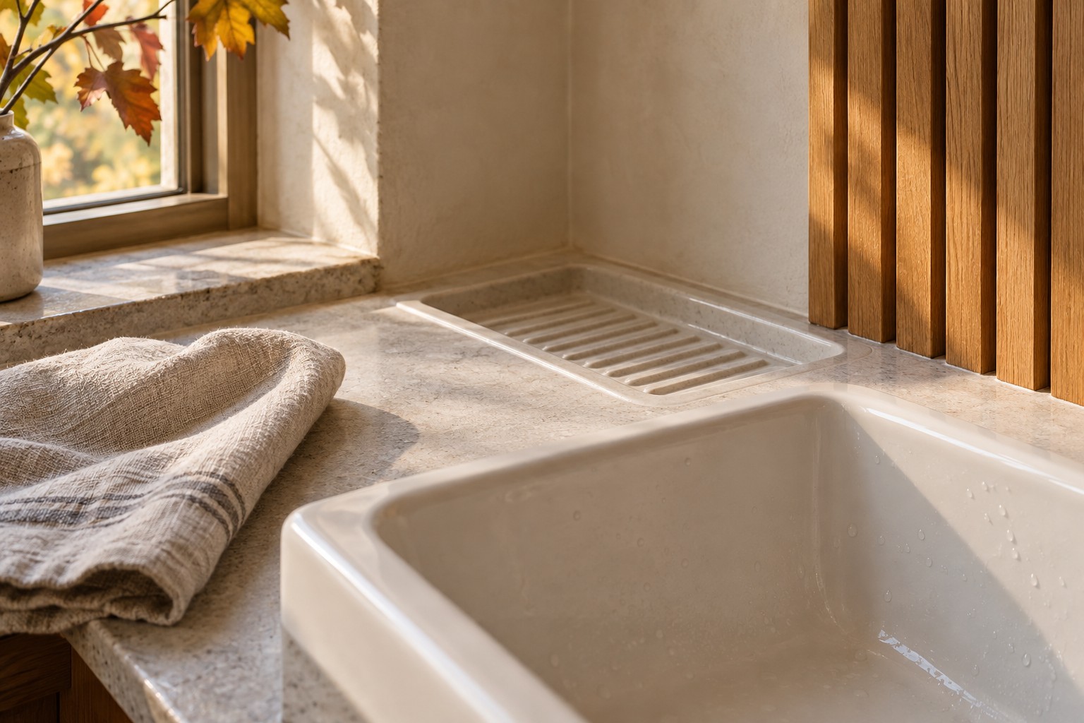 Sunlit bathroom sink with a built-in draining ledge, linen towel, and warm wood details