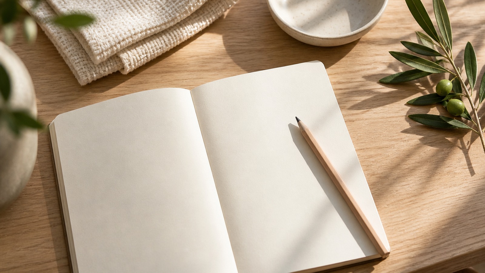 Blank notebook and wooden pencil beside a cream washcloth, empty ceramic dish, and olive branch