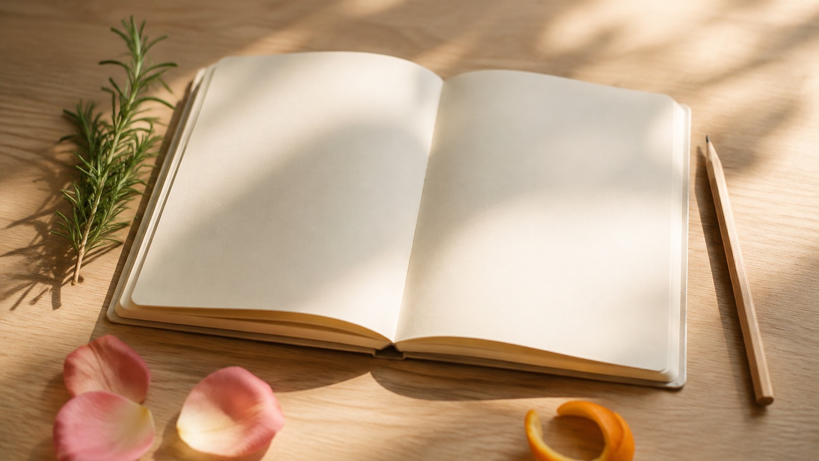 Blank notebook and wooden pencil beside rosemary, rose petals, and orange peel on an oak table