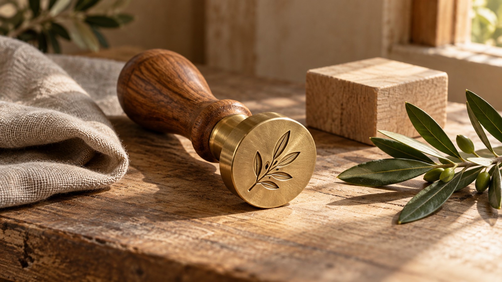 A wooden-handled botanical stamp, linen cloth, wood block, and olive sprig on a sunlit craft workbench