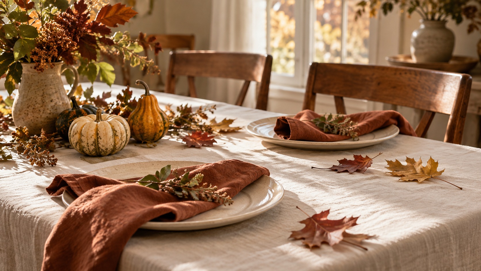 Autumn dining table with ivory plates, rust linen napkins, gourds, and leaves