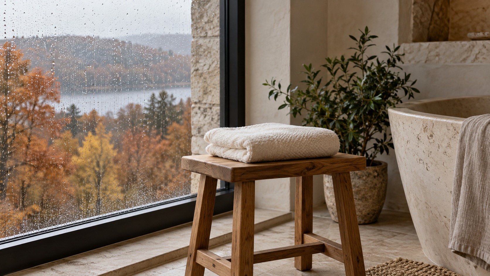 Cream towel on an oak stool beside a rain-speckled bathroom window and autumn trees