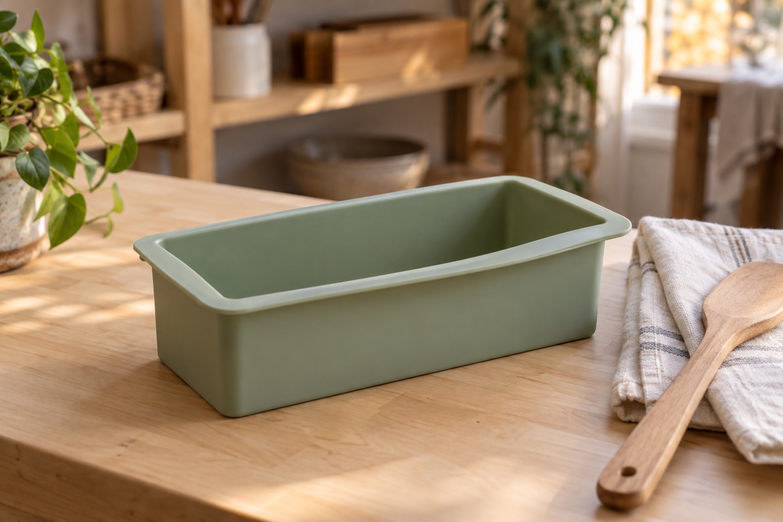 Empty sage-green silicone loaf mold on a wooden workbench beside linen and a wooden spatula