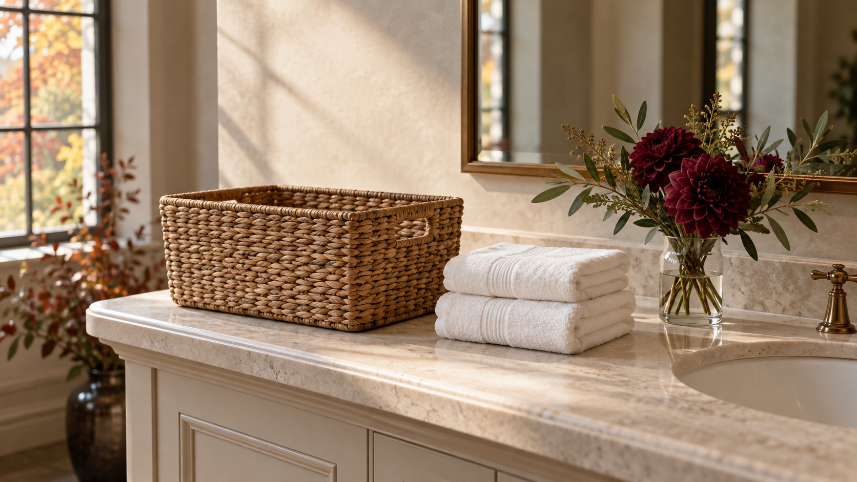 Empty woven basket, folded ivory towels, and burgundy flowers on a sunlit wedding venue vanity