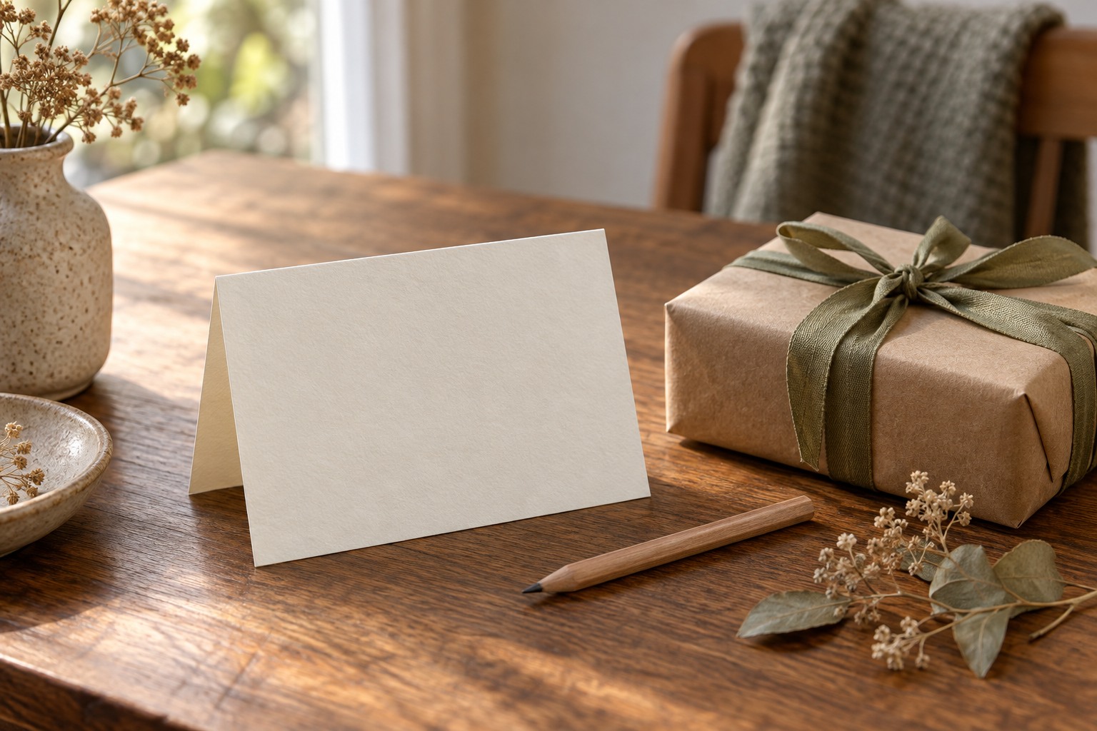 Blank ivory note card beside a kraft-paper gift and dried botanicals on a wooden table