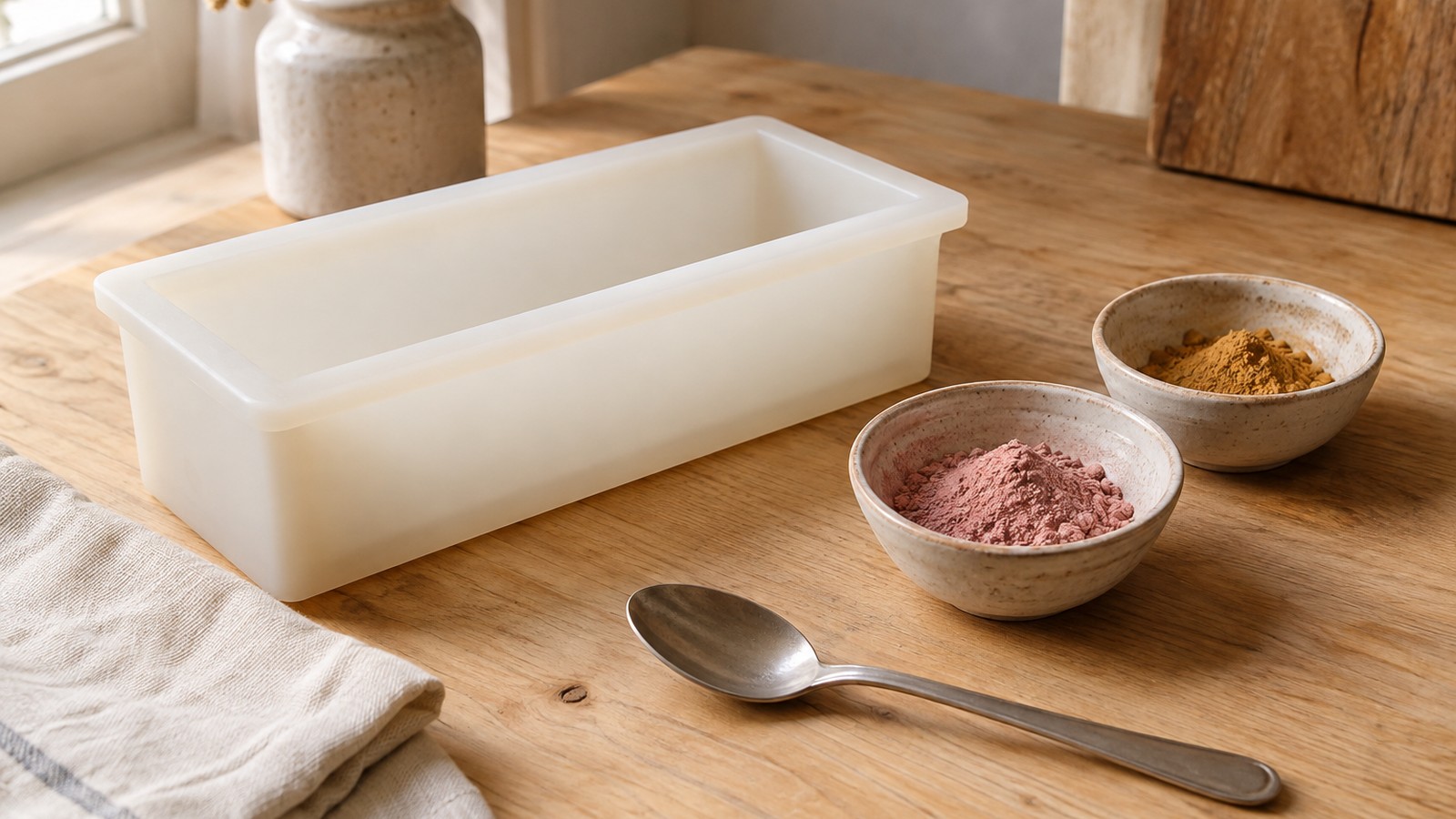 Empty silicone loaf mold with bowls of pink and ochre pigment, a spoon, and linen on a wooden workbench