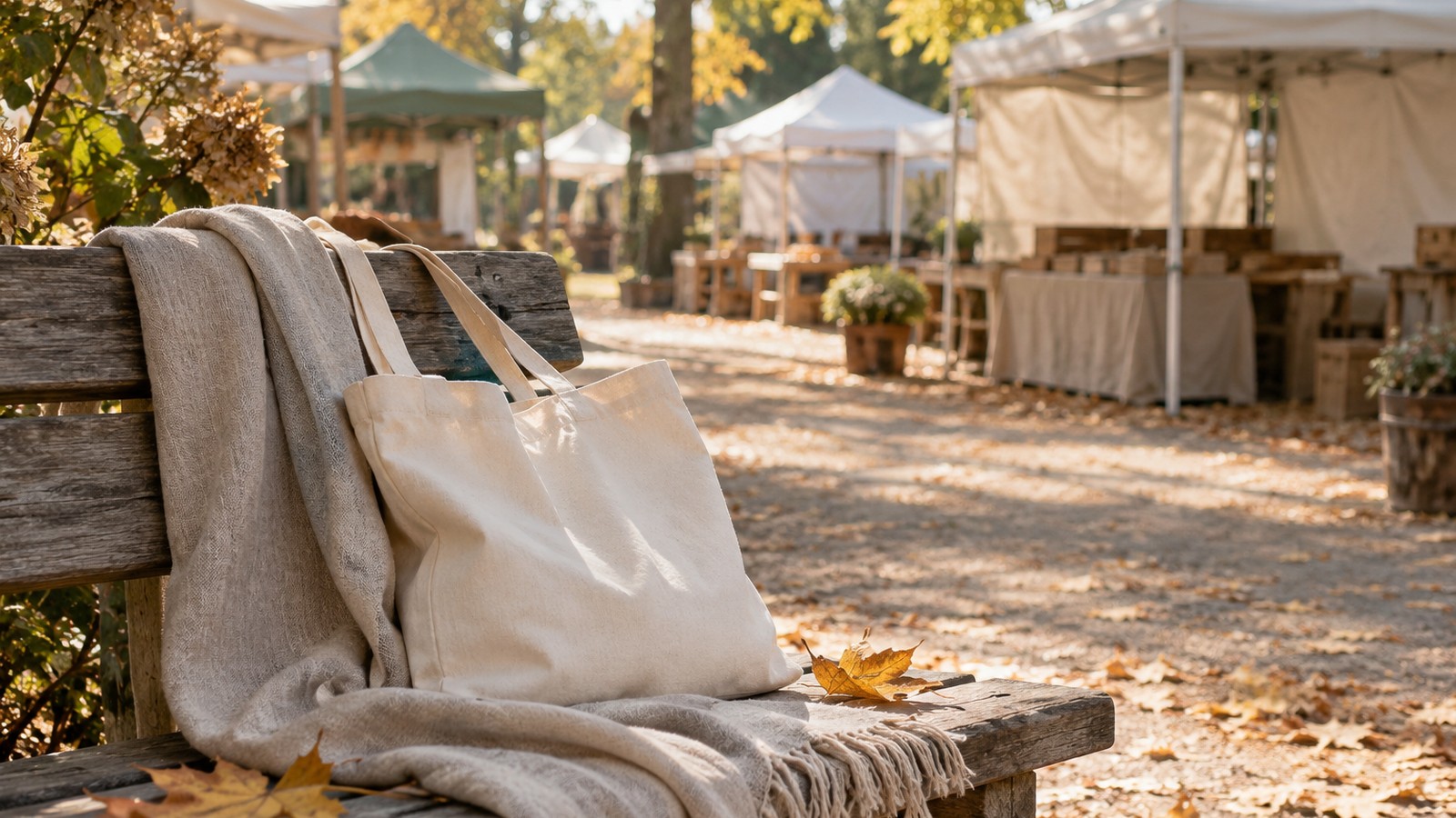 Cream canvas tote and folded linen on a wooden bench beside an autumn craft market