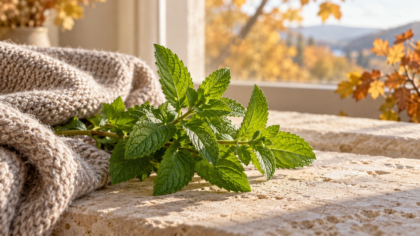 Fresh mint sprigs beside an oatmeal knit scarf in warm autumn window light