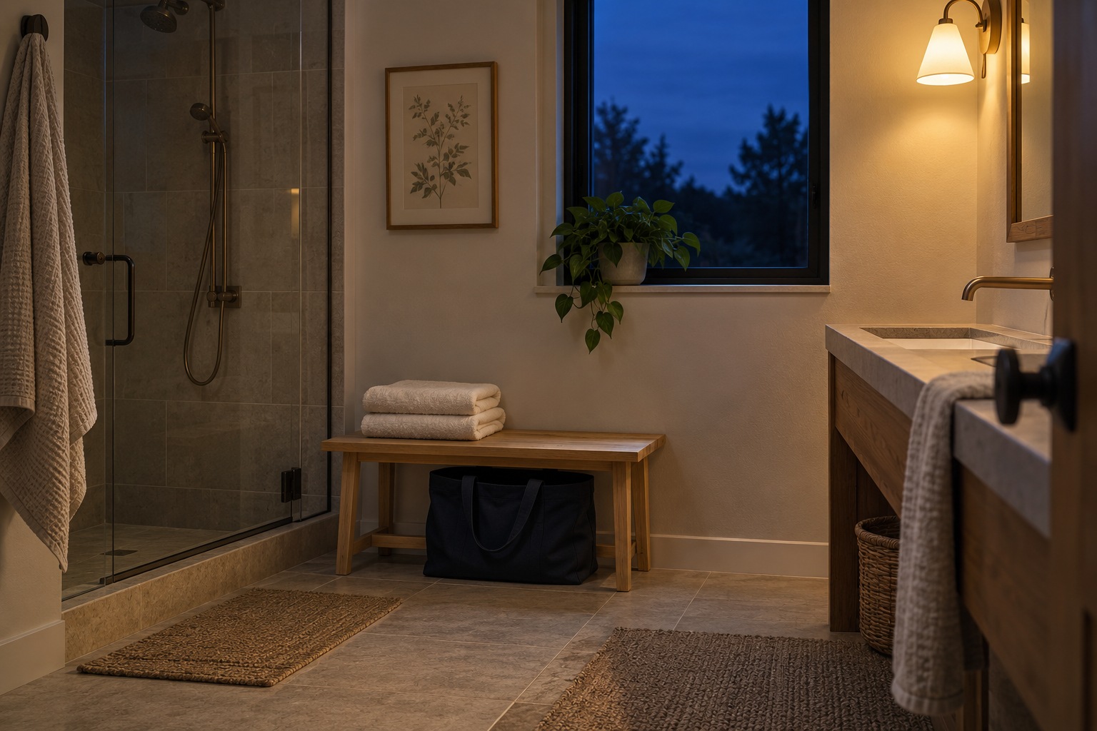 Warmly lit bathroom at blue hour with folded towels, a work bag, and a leafy plant beside the window