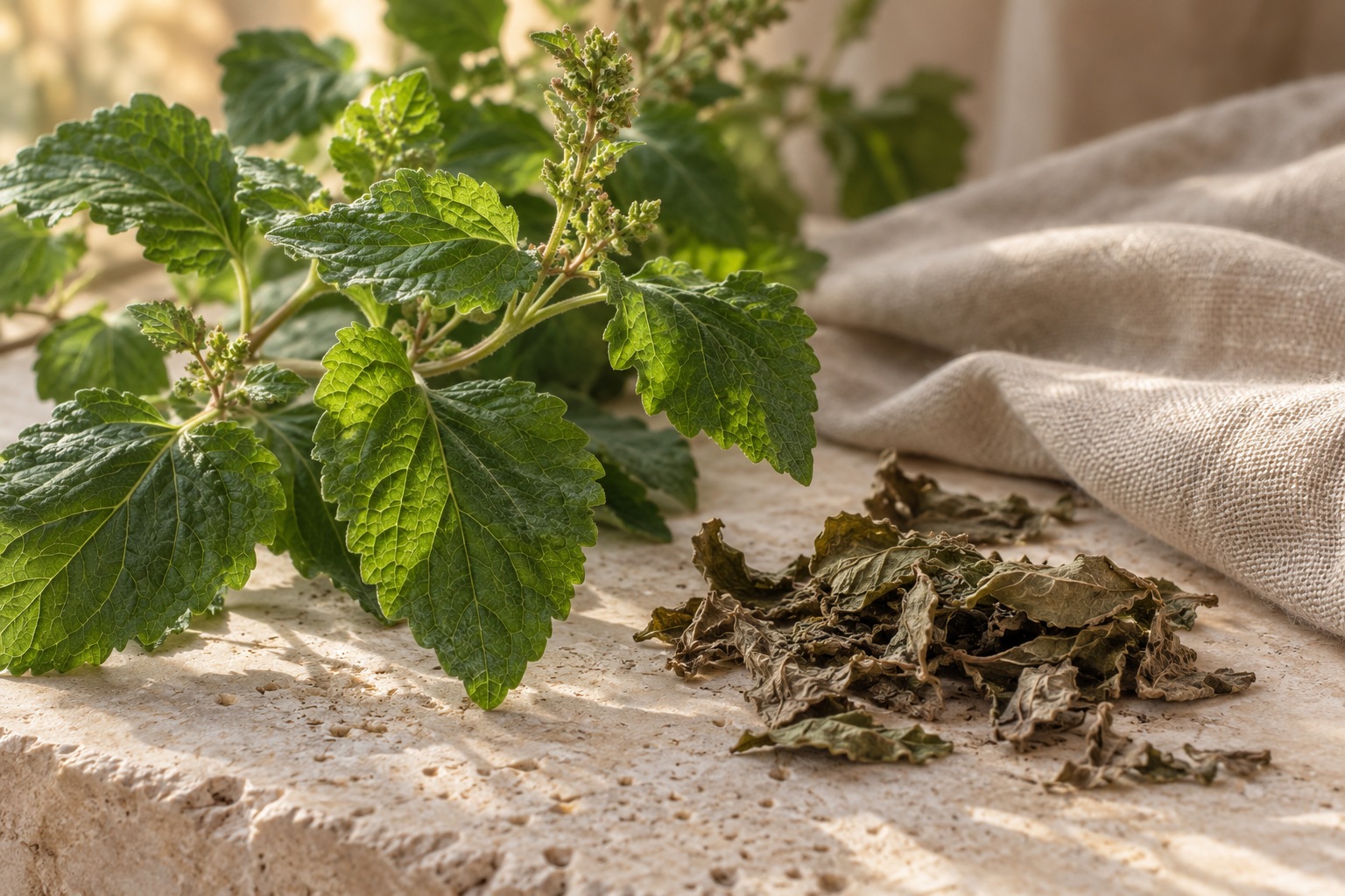Fresh textured green botanical leaves and dried leaves on pale stone beside natural linen