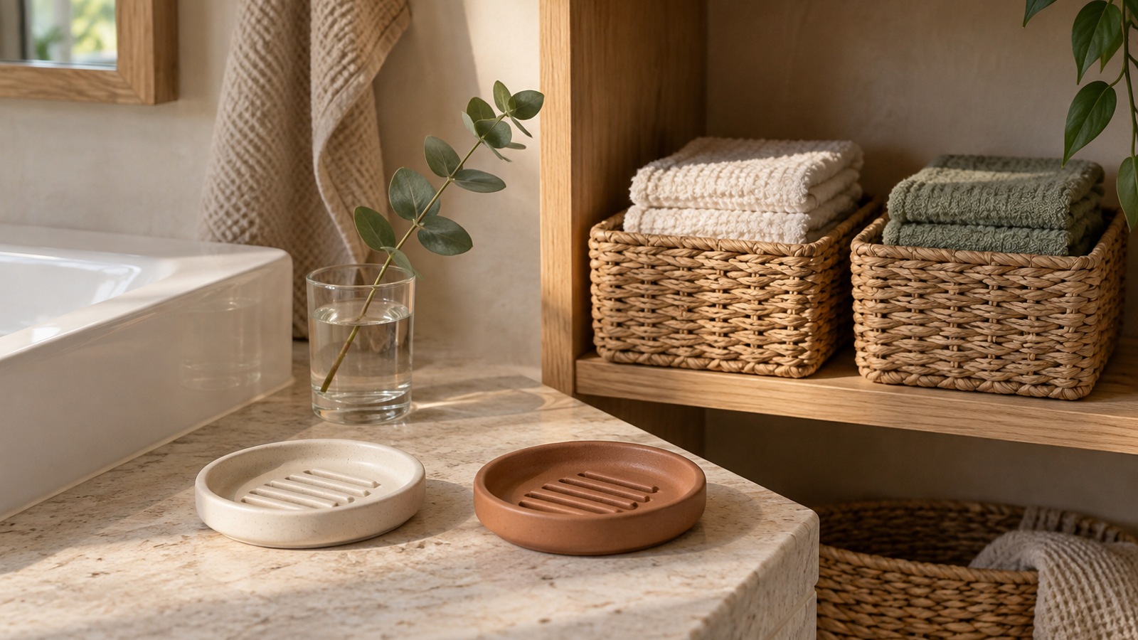 Separate towel baskets and empty ceramic soap dishes beside a sink in a shared bathroom