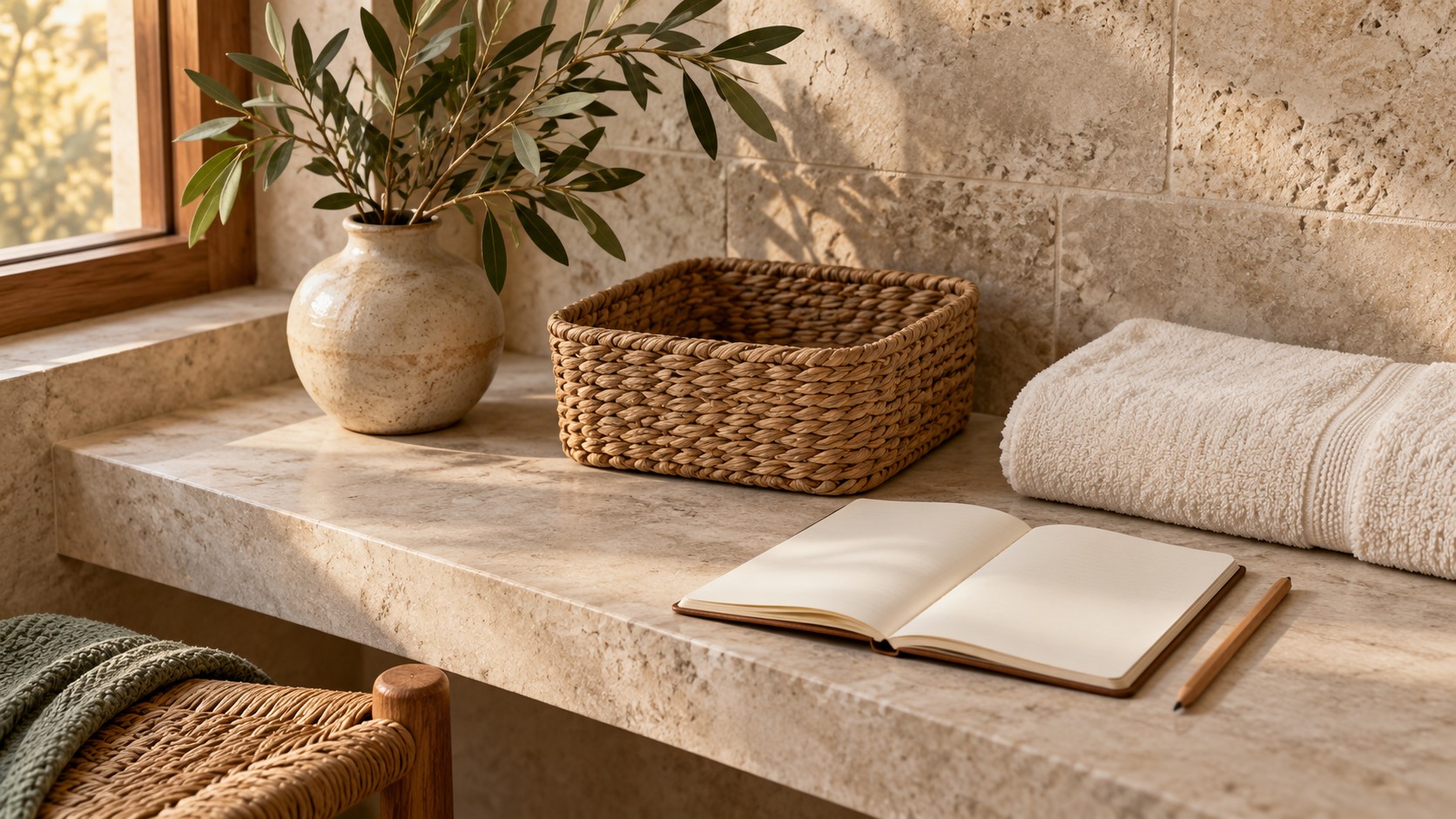 Empty woven basket, folded towel, blank notebook, and leafy branches on a sunlit bathroom shelf