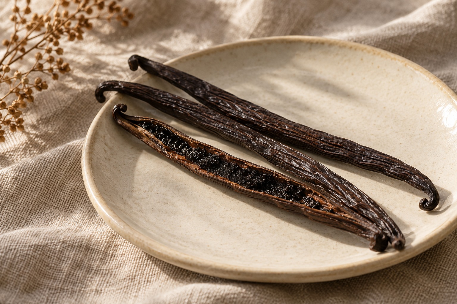 Dark vanilla bean pods on an ivory ceramic plate with natural linen